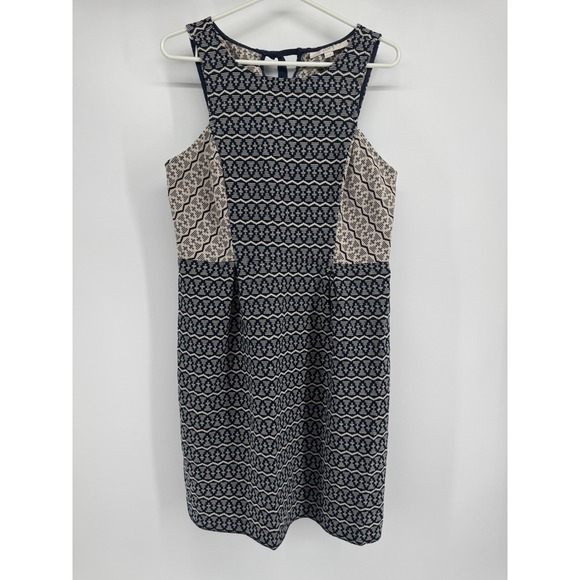 LOFT Dresses & Skirts - LOFT Navy Blue Cream Geometric Jacquard Sleeveless Shift Dress Womens 8 Tie Back